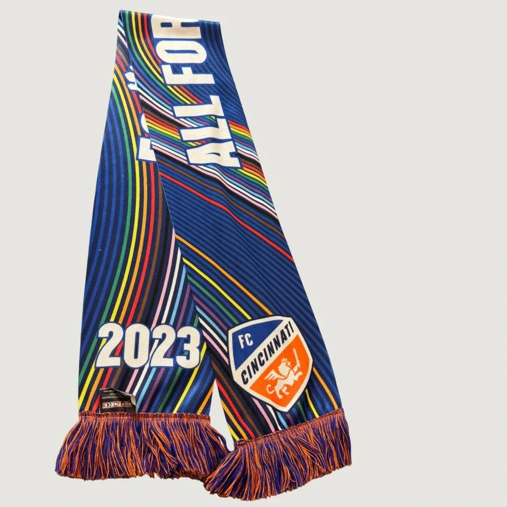 FC Cincinnati Scarf OS Blue 2023 All for Cincy Rainbow Soccer Ruffneck Pride